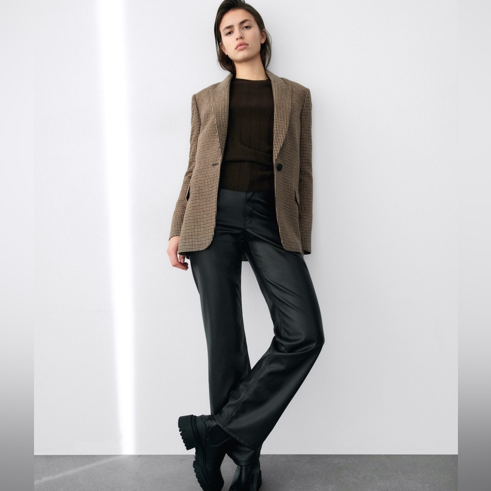 ZARA NEW WOMAN WOOL BLEND BLAZER ELBOW PATCHES Houndstooth CAMEL 9516/529 XS